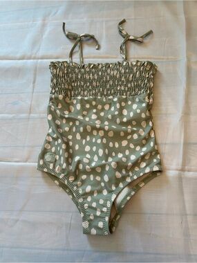 Smocked Olive Green One-Piece Swimsuit with Cream Spot Print